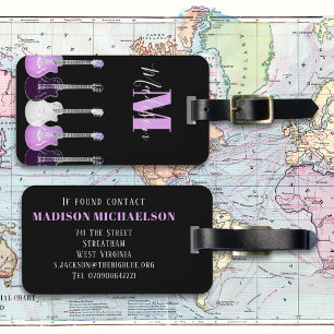Etiqueta Para Maletas Guitarra elegante Monograma rosa y negro