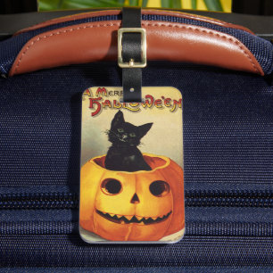 Etiqueta Para Maletas Halloween con moras de Ellen Clapsaddle, gato vint