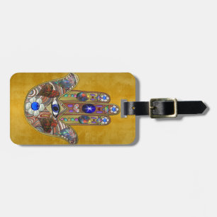 Etiqueta Para Maletas Hamsa Hearts Flores: Arte Opal sobre Oro