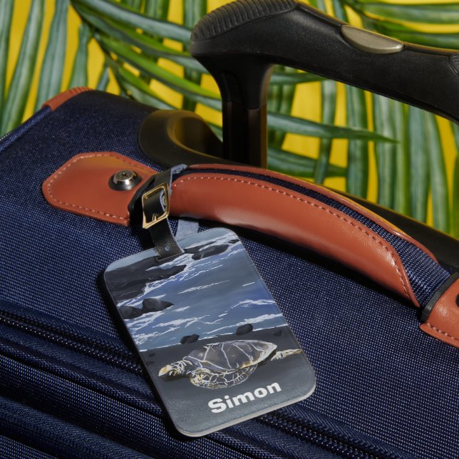 Etiqueta Para Maletas Hawaiian Sea Turtle Black Sand Beach Luggage Tag (Anverso In situ 1)