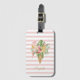 Etiqueta Para Maletas Helado, fruta de hojas tropicales, franjas rosadas