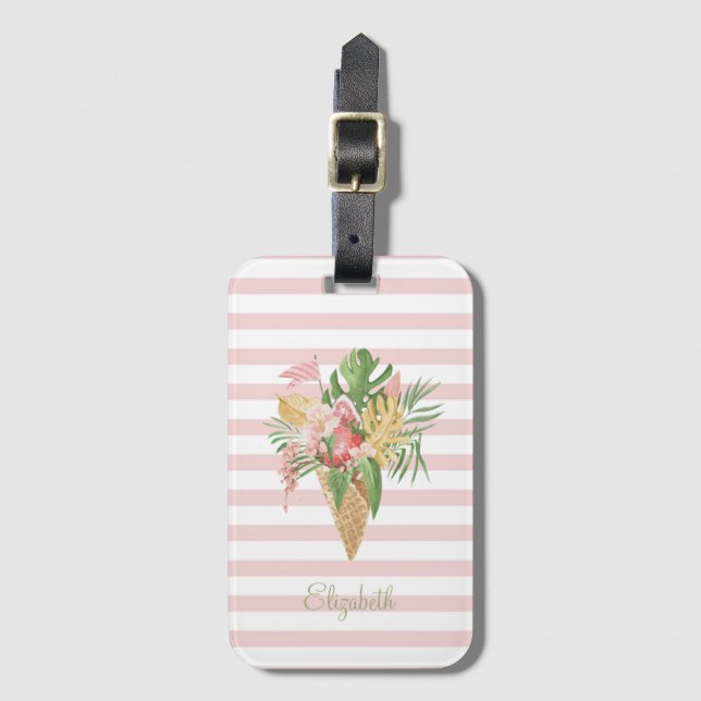Etiqueta Para Maletas Helado, fruta de hojas tropicales, franjas rosadas (Anverso vertical)