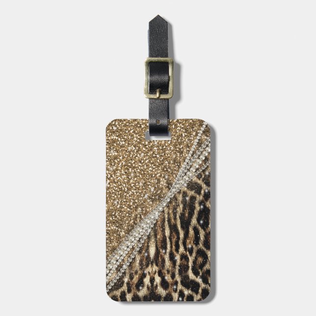Etiqueta Para Maletas Hermosa Moda Girly Leopard Print Gold Purpurina (Frente Vertical)