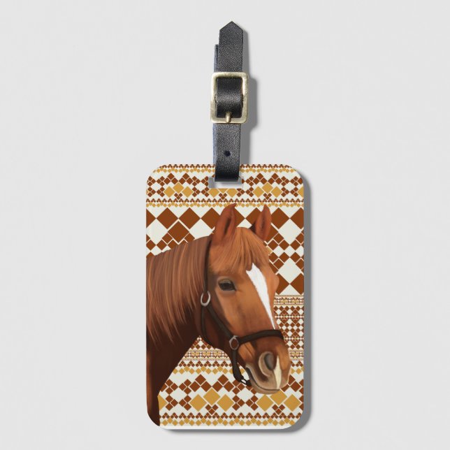 Etiqueta Para Maletas Hermoso caballo marrón en patrón geométrico terres (Anverso vertical)