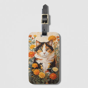 Etiqueta Para Maletas Hermoso Gato Calico Con Flores Marigold