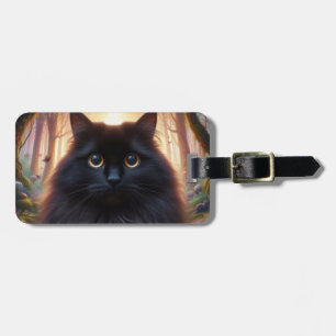 Etiqueta Para Maletas Hermoso Gato Negro Fluffy con Ojos de Oro