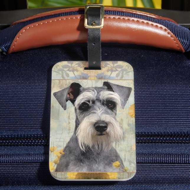 Etiqueta Para Maletas Hermoso Schnauzer Floral (Anverso In situ 2)
