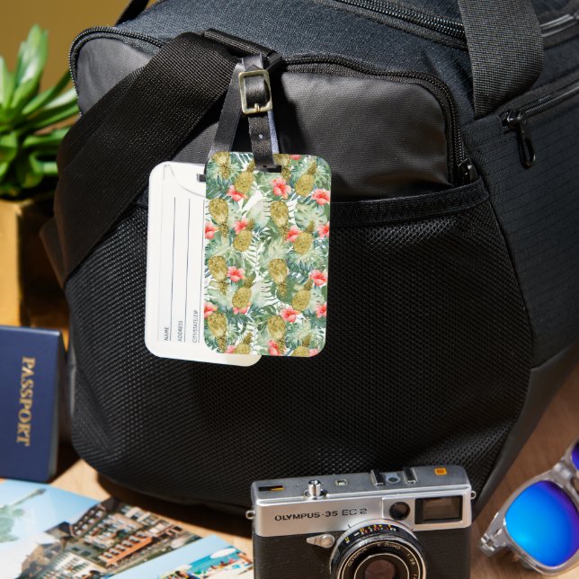 Etiqueta Para Maletas Hibiscus Tropical Gold Pineapples Floral (Anverso & Reverso)