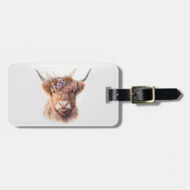 Etiqueta Para Maletas Highland Cow with Floral Crown Watercolor Illustra