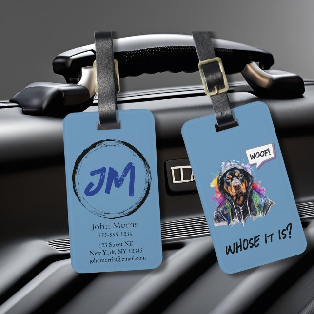 Etiqueta Para Maletas Hip Hop Rottweiler Azul (Blue hip hop rottweiler luggage tag)