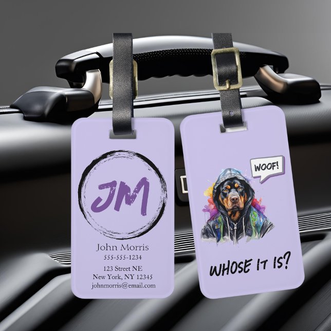 Etiqueta Para Maletas Hip Hop Rottweiler morado (Purple hip hop rottweiler luggage tag)