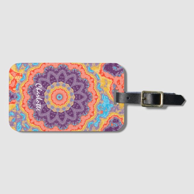 Etiqueta Para Maletas Hippie Bohemian Mandala Mezcla Púrpura Personaliza (Anverso horizontal)