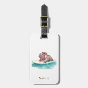 Etiqueta Para Maletas Hippo Surfista en Tabla de Surf