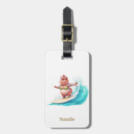 Etiqueta Para Maletas Hippo Surfista en Tabla de Surf