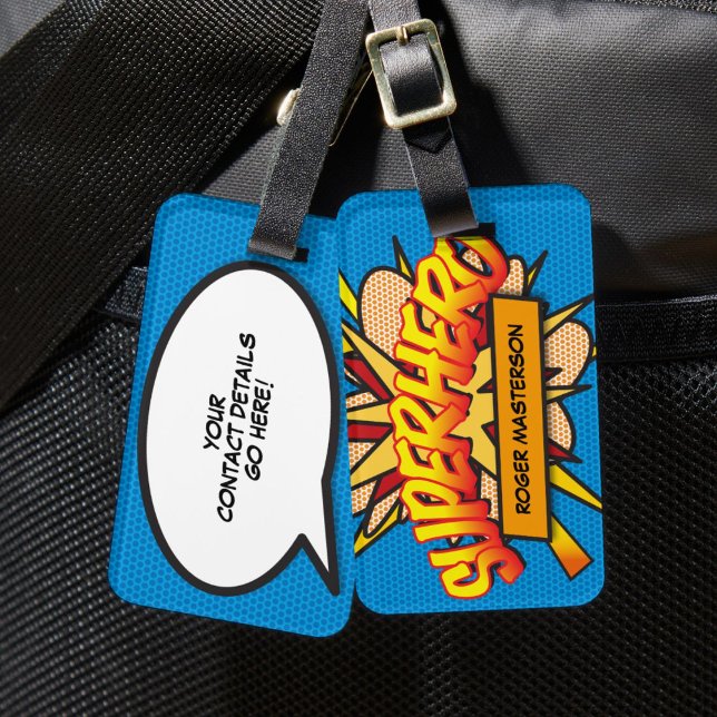 Etiqueta Para Maletas Historieta personalizada SUPERHERO Fun moderno (Personalized Comic Book SUPERHERO Fun Modern Luggage Tag)