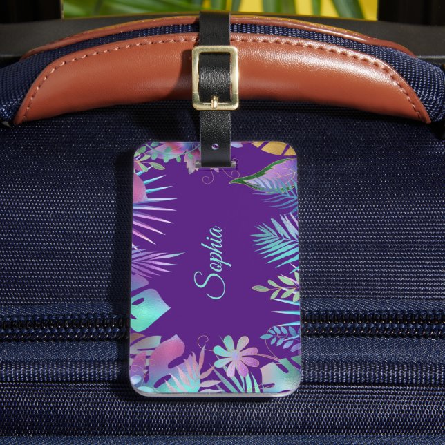 Etiqueta Para Maletas Hojas tropicales irlandesas, nombre Verde azulado  (Anverso In situ 2)