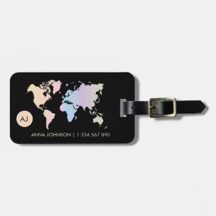 Etiqueta Para Maletas Holographic Pastel World Map Travel Monograma Nomb
