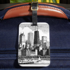 Etiqueta Para Maletas Horizonte de Chicago Moderno Blanco y Negro