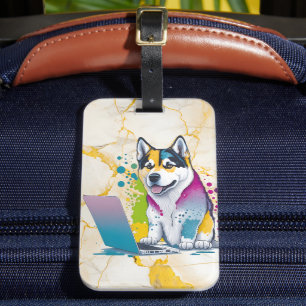 Etiqueta Para Maletas Husky Dog Computer Rainbow Watercolor Tech Savvy