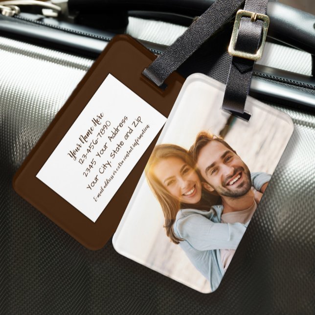 Etiqueta Para Maletas Identificación Personalizada de Foto Personalizada (Custom Photo Personalized Identification Brown Luggage Tag)