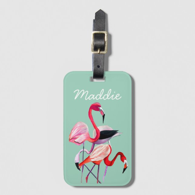 Etiqueta Para Maletas Ilustracion acuarela de flamingo rosa divertido (Anverso vertical)