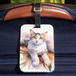 Etiqueta Para Maletas Ilustracion acuarela de gato blanco dulce