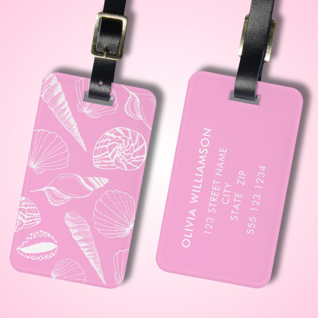Etiqueta Para Maletas Ilustración de concha marina rosa (Pink sea shell illustrated luggage tag with personalized address details to rear.  )