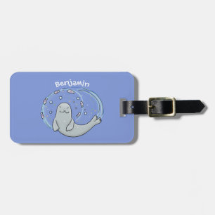 Etiqueta Para Maletas Ilustracion de foca feliz y personalizado azul de 