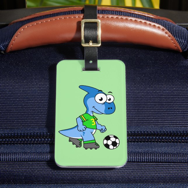 Etiqueta Para Maletas Ilustracion De Un Parasaurolophus Jugando Fútbol. (Anverso In situ 2)