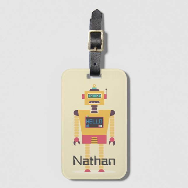 Etiqueta Para Maletas Ilustracion Retro Robot Personalizado Niños (Anverso vertical)