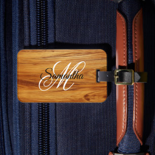 Etiqueta Para Maletas Imagen de madera de teca con monograma elegante