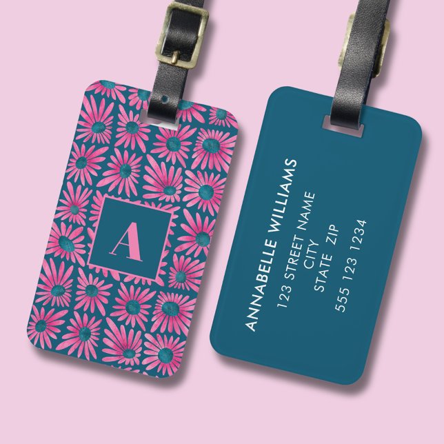 Etiqueta Para Maletas Impresión de bloques florales retro modernos (Modern retro floral luggage tag with pink daisy block print pattern. Add own details to the back.)
