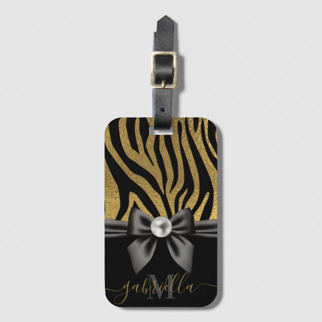 Etiqueta Para Maletas Impresión de cebra dorada y reverencia (Anverso vertical)