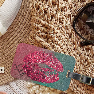 Etiqueta Para Maletas Impresión de lápiz labial de glamur rojo Purpurino