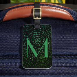 Etiqueta Para Maletas Inicial de Monograma Flor de Rosa Verde Azul Oscur