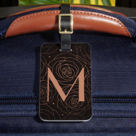 Etiqueta Para Maletas Inicial de Monograma Floral Oscura Salmón Dorado