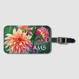 Etiqueta Para Maletas Iniciales de flores de Dahlia naranja y rosa