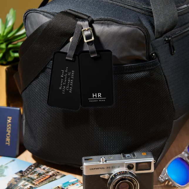 Etiqueta Para Maletas Iniciales de monograma masculino negro y blanco +  (Anverso & Reverso)