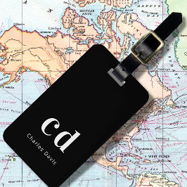 Etiqueta Para Maletas iniciales de nombre blanco negro minimalista moder