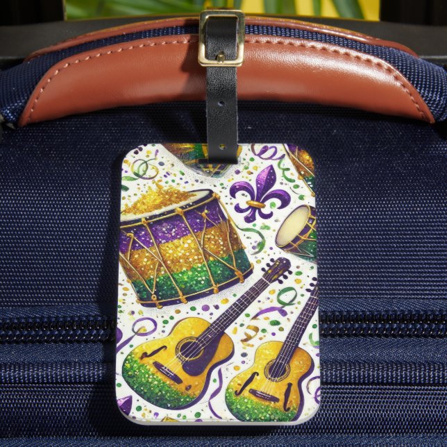 ETIQUETA PARA MALETAS INSTRUMENTOS MUSICALES PURPLE GREEN GOLD MARDI GRA (Anverso In situ 2)