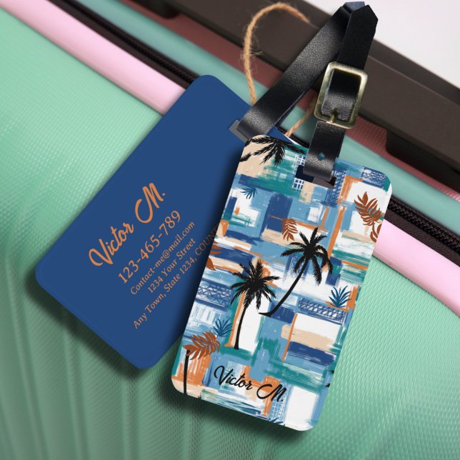 Etiqueta Para Maletas Isla moderna Tropical Check Blue White (The modern tropical hawaii island mix blue checked pixel in custom luggage tag.)