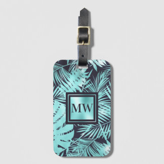 Etiqueta Para Maletas Isla monogramo azul de hojas de palma tropical aqu