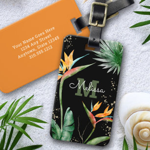 Etiqueta Para Maletas Isla Tropical Floral Monograma Script Oro Negro