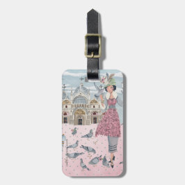 Etiqueta Para Maletas Italia Venecia viajes chica de palomas grises rosa