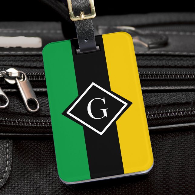 Etiqueta Para Maletas Jamaica Green Black & Gold Inicial (jamaica colors monogram luggage tag)