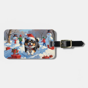 Etiqueta Para Maletas Japanese Chin corriendo en la nieve con sombrero d