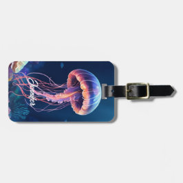 Etiqueta Para Maletas Jellyfish Art, White Script Name, Contact Info