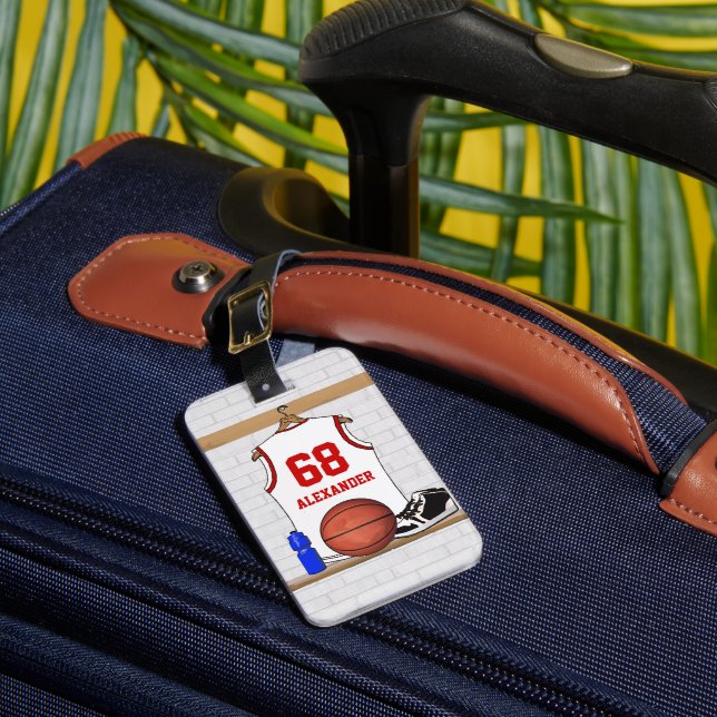 Etiqueta Para Maletas Jersey de baloncesto rojo y blanco personalizado (Anverso In situ 1)