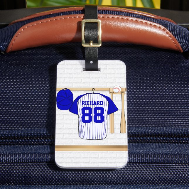 Etiqueta Para Maletas Jersey de béisbol blanco y azul personalizado (Anverso In situ 2)