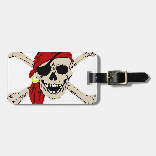 Etiqueta Para Maletas Jolly Roger Pirate Skull Huesos Rojos Bandanna (Frente Horizontal)